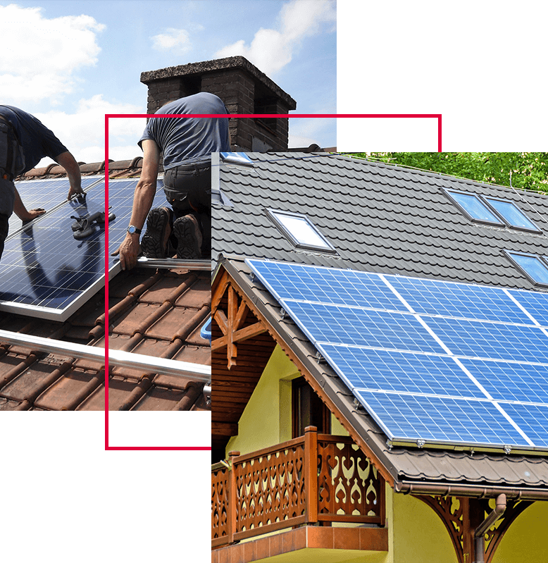 A Close-up of two men installing solar panels on a house roof is followed by a wide shot of a house with solar panels installed on its roof.